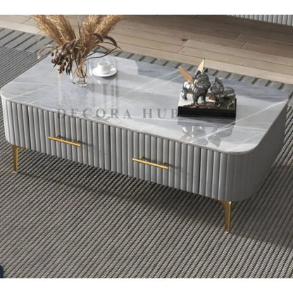 Rectangle Shape Coffee Table for Living Room – gray marble top on white wooden frame coffee table by DecoraHub, view 3