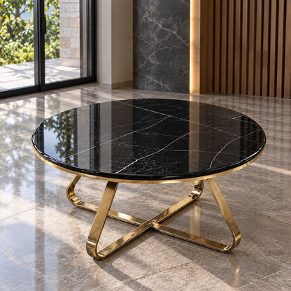 Nove Round Black Marble Top Centre Table with Gold Base