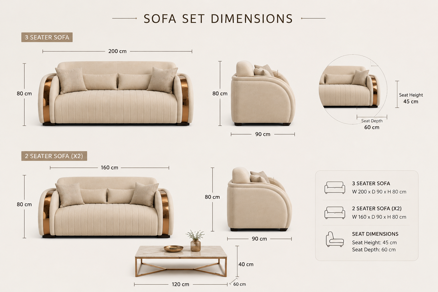 Dimensions of a sofa set with various pieces and measurements.