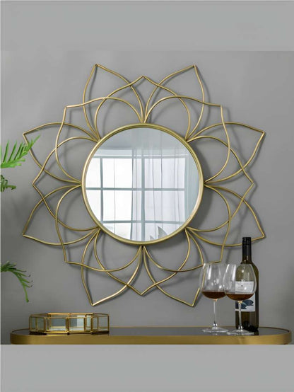 FLAIR Gold Toned Round Decorative Wall Mirror