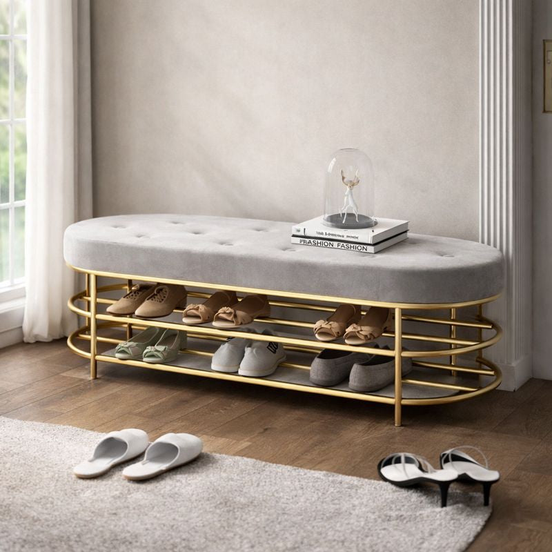 Modern Upholstered Bench Gray Velvet With Shelf and Shoe Storage