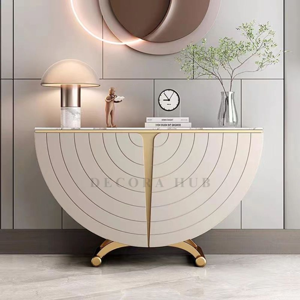 DecoraHub Half-Moon Gold Marble Console Table with Storage