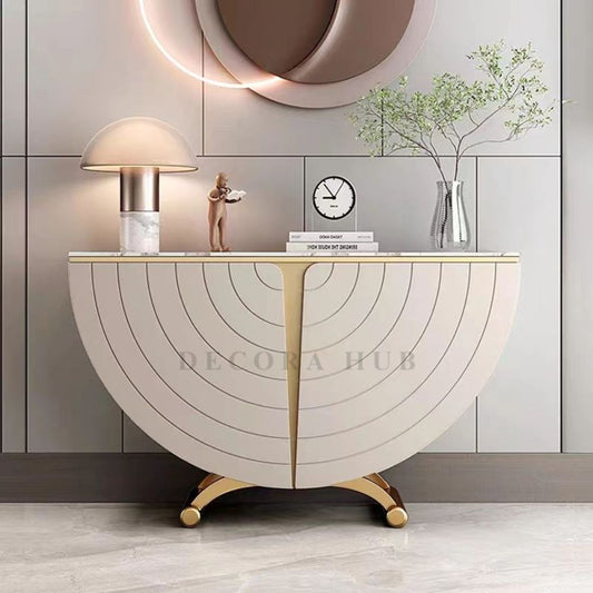 DecoraHub Half-Moon Gold Marble Console Table with Storage