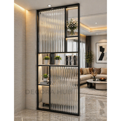Aesthetic Black PVD Divider with Fluted Glass – black metal partition for living room DecoraHub