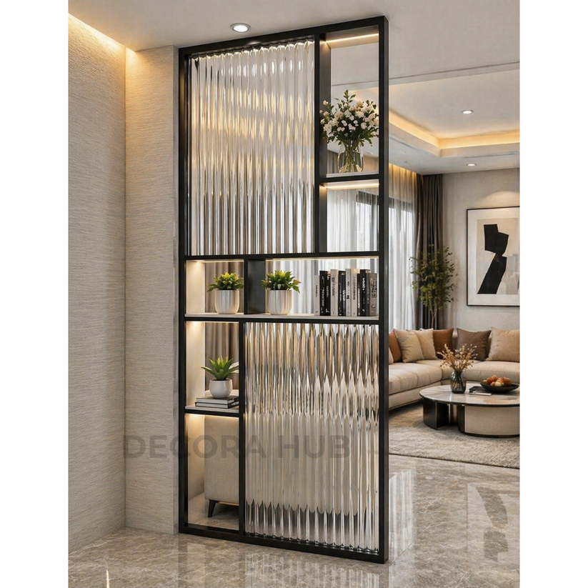 Aesthetic PVD Divider with Fluted Glass Detailing In Black – DecoraHub