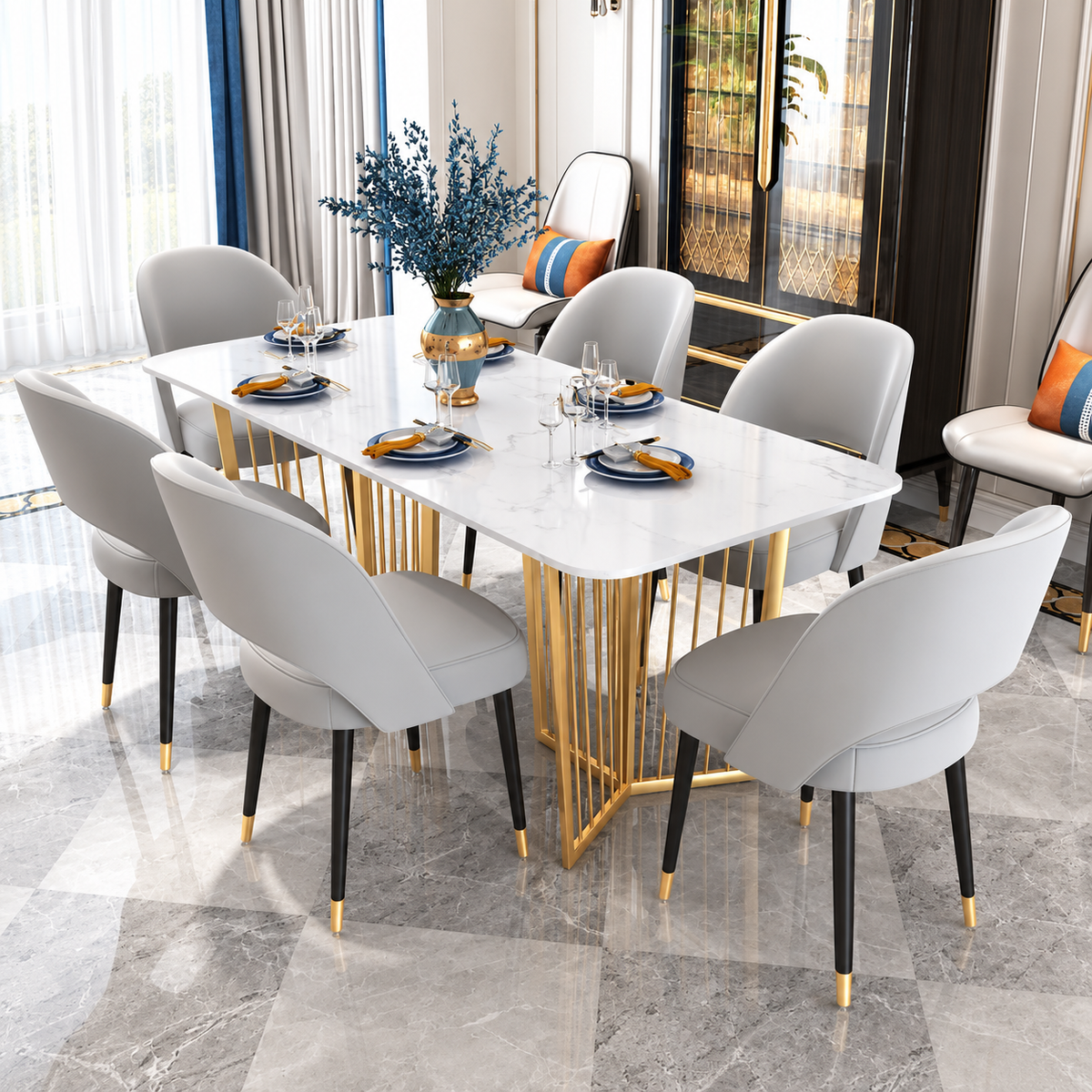 Aurelia Luxe Gold: 6 Seater Golden Base PVD Coated Marble Top Dining Table
