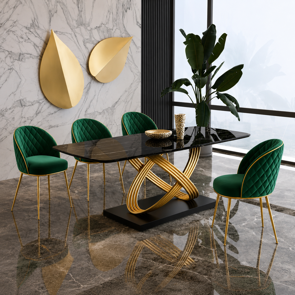 Modern dining set featuring a black marble-top table with a sculptural gold metal base, surrounded by four green quilted velvet chairs with gold legs, set in a luxury interior with marble walls and a large window.