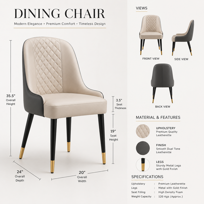 Dining chair product infographic showing a beige and dark gray quilted upholstered chair with black legs and gold-tone feet, alongside front, side, and back views, dimensions, material details, and specifications on a light gray background.