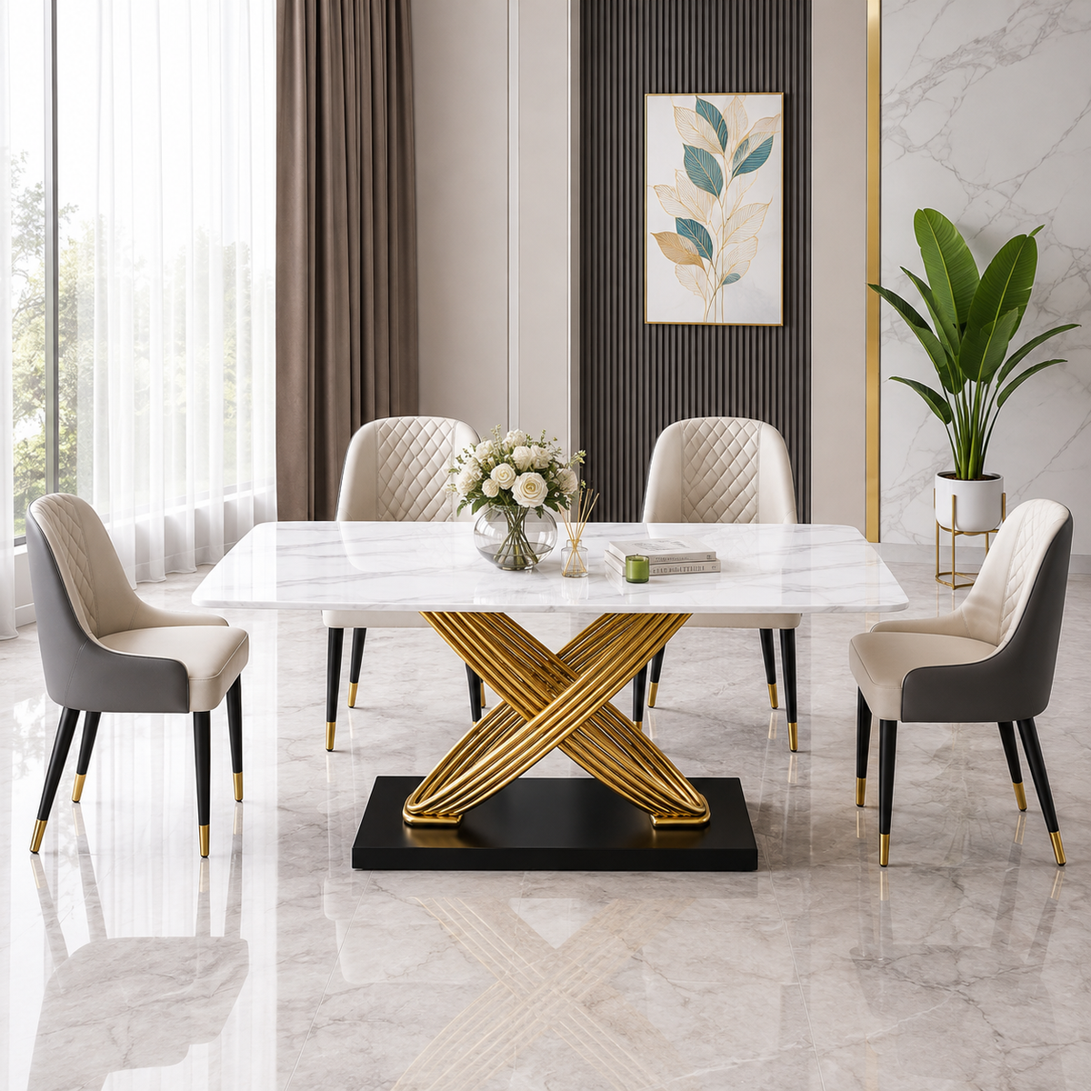 A modern dining room set featuring a rectangular white marble table with a sculptural gold X-shaped pedestal base, surrounded by four upholstered dining chairs in beige and gray with black legs.