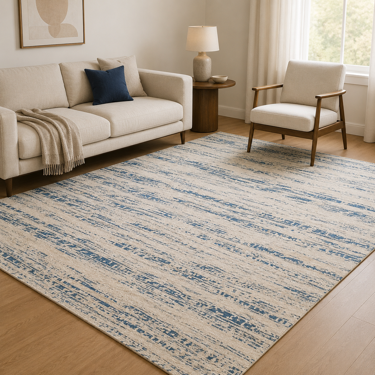 Living room with a blue and beige patterned rug, sofa, and chair.