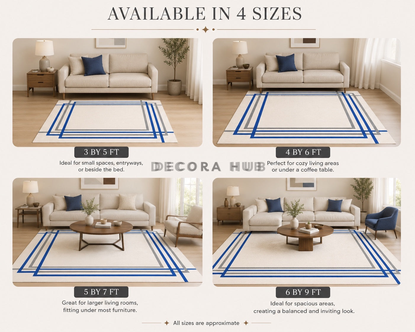 Rug with blue geometric pattern displayed in various rooms with text indicating size options.