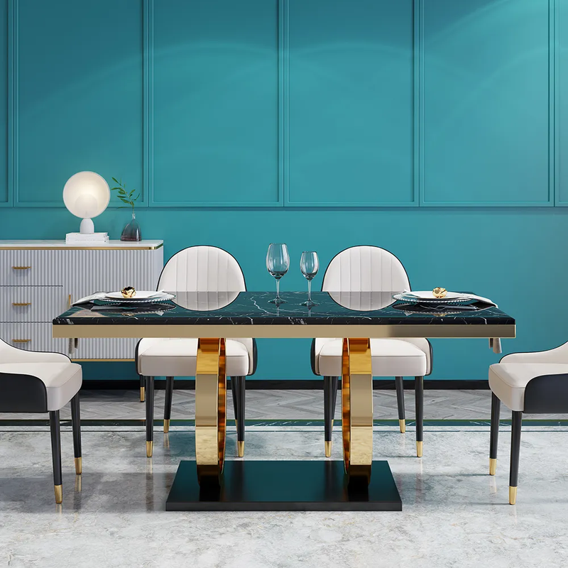 Modern dining table with marble top and gold legs in a stylish room.