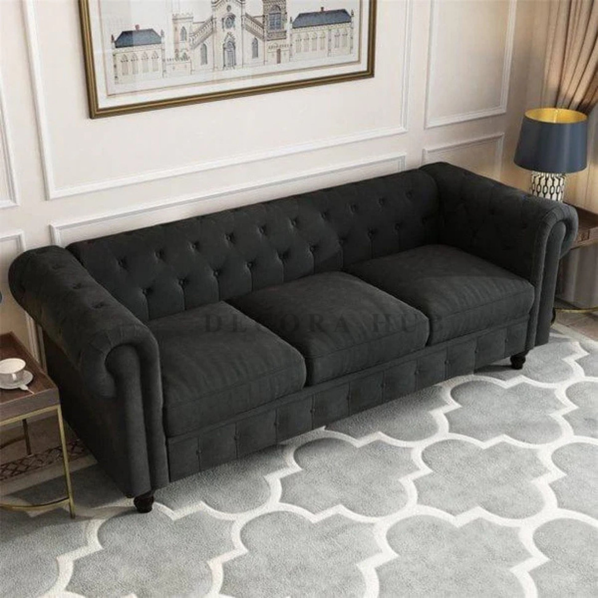 Black Chestrefield Sofa With Wooden Legs