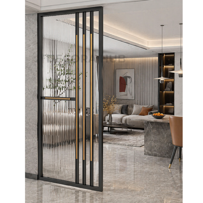 Black Frame Fluted Glass Metal Partition – PVD coated stainless steel room divider DecoraHub