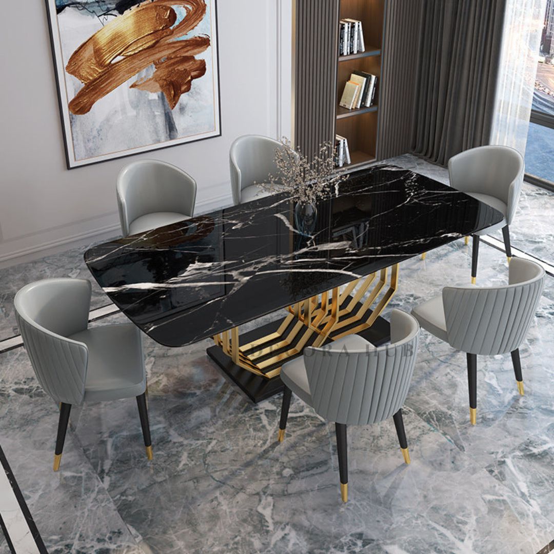Black Marble Top Dining Table With Glossy Golden Frame