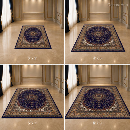 Blue Dynasty Royal Blue Traditional Carpet for Living Room – royal blue, mustard and beige traditional area carpet by DecoraHub (view 4)