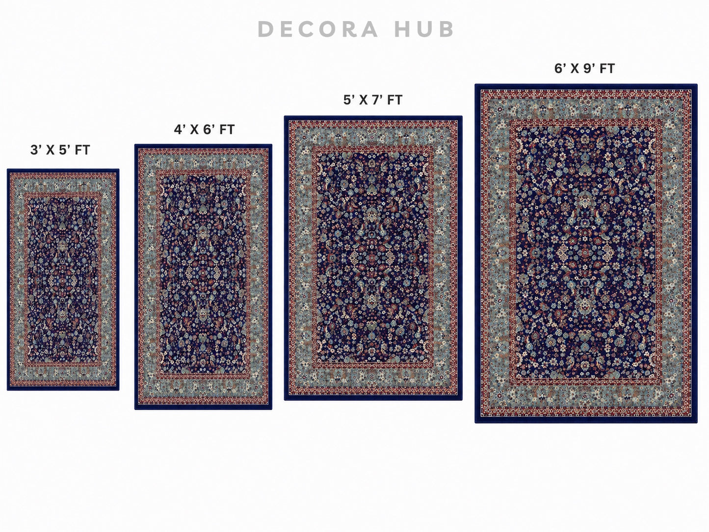Four rectangular patterned area rugs shown in ascending size, labeled 3' x 5' FT, 4' x 6' FT, 5' x 7' FT, and 6' x 9' FT, on a plain white background.