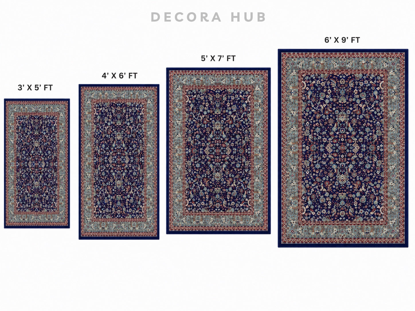 Four rectangular patterned area rugs shown in ascending size, labeled 3' x 5' FT, 4' x 6' FT, 5' x 7' FT, and 6' x 9' FT, on a plain white background.