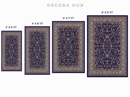 Four rectangular patterned area rugs shown in ascending size, labeled 3' x 5' FT, 4' x 6' FT, 5' x 7' FT, and 6' x 9' FT, on a plain white background.