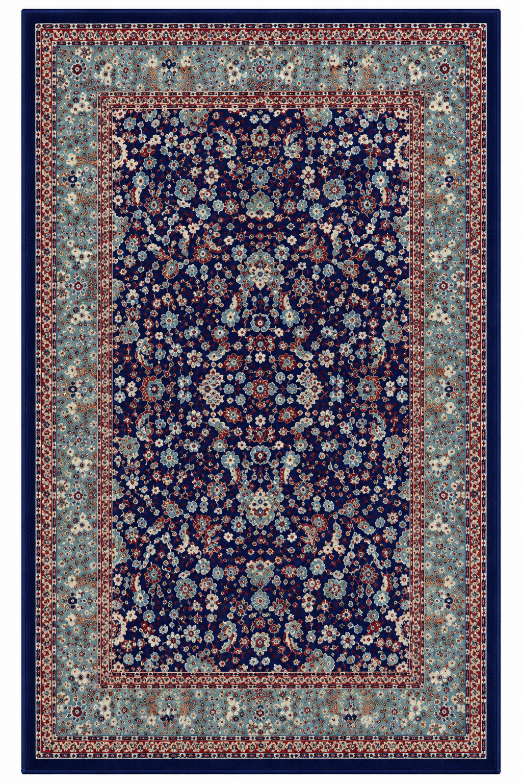 A traditional oriental area rug with an intricate floral and medallion pattern, featuring a deep navy blue center, a light blue-gray inner border, and a rust-red outer border.