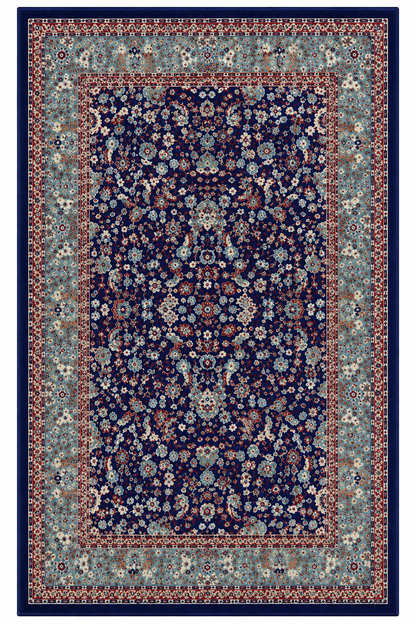 A traditional oriental area rug with an intricate floral and medallion pattern, featuring a deep navy blue center, a light blue-gray inner border, and a rust-red outer border.