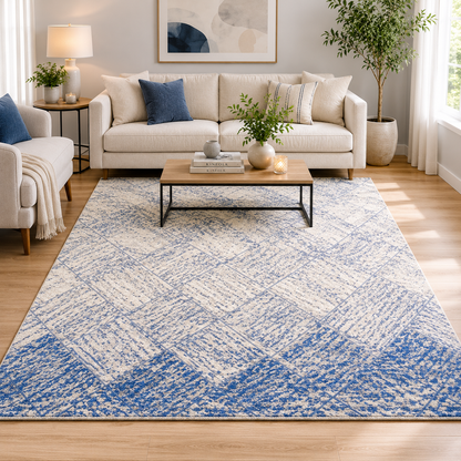 Blue Vista Geometric Carpet for Living Room – blue, beige and light grey geometric area carpet by DecoraHub (view 2)