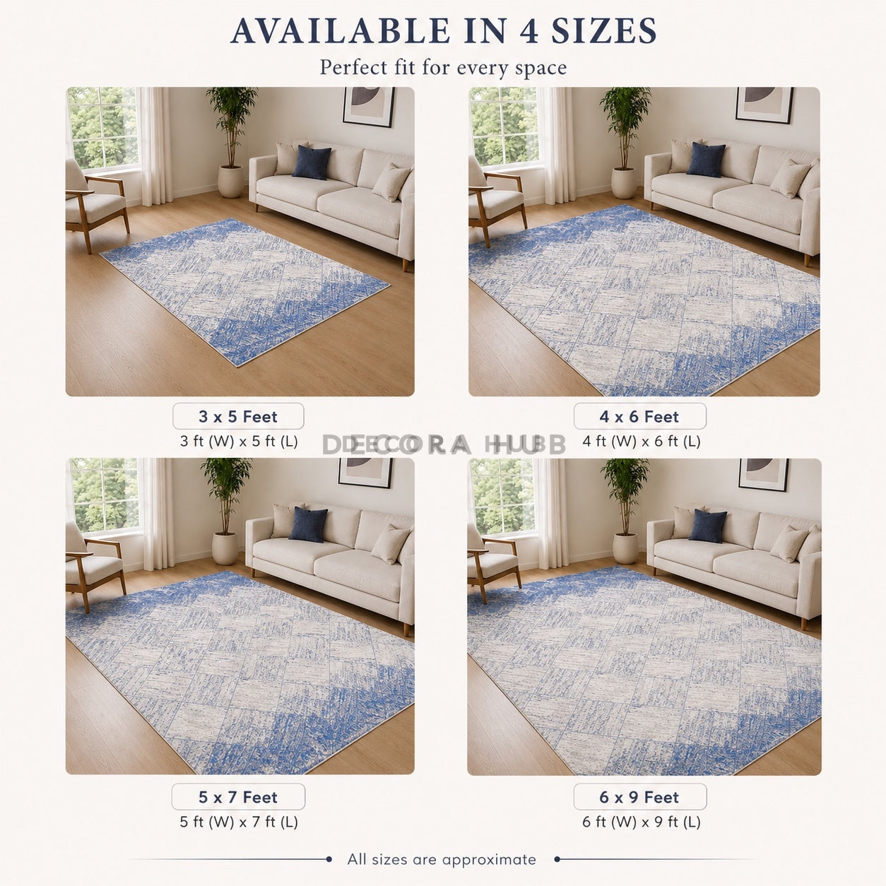 Rug with blue and white pattern displayed in various sizes in a living room setting.