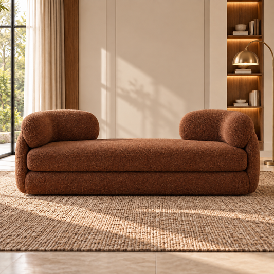 A modern low-profile daybed with a textured, shaggy brown bouclé fabric, featuring rounded cylindrical arms, set in a warm, sunlit room on a woven jute rug.