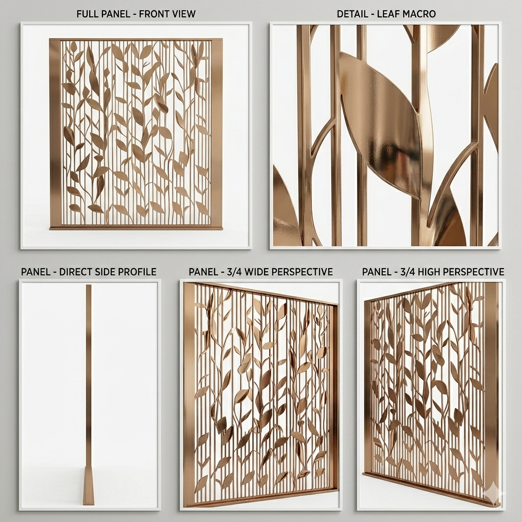 Close-up detail of laser-cut leaf pattern on gold PVD stainless steel partition