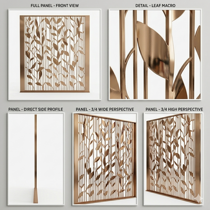 Leaf Design PVD Partition close-up – laser cut gold metal partition stainless steel DecoraHub