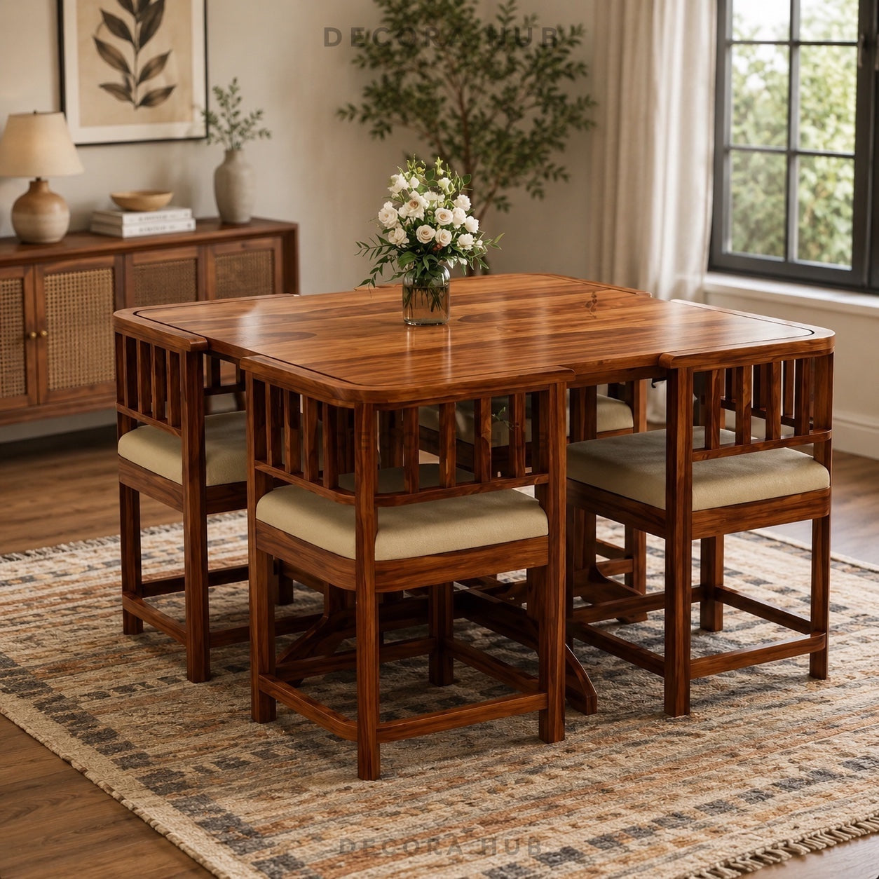 Wooden dining table with chairs in a room with a window and decorative elements.