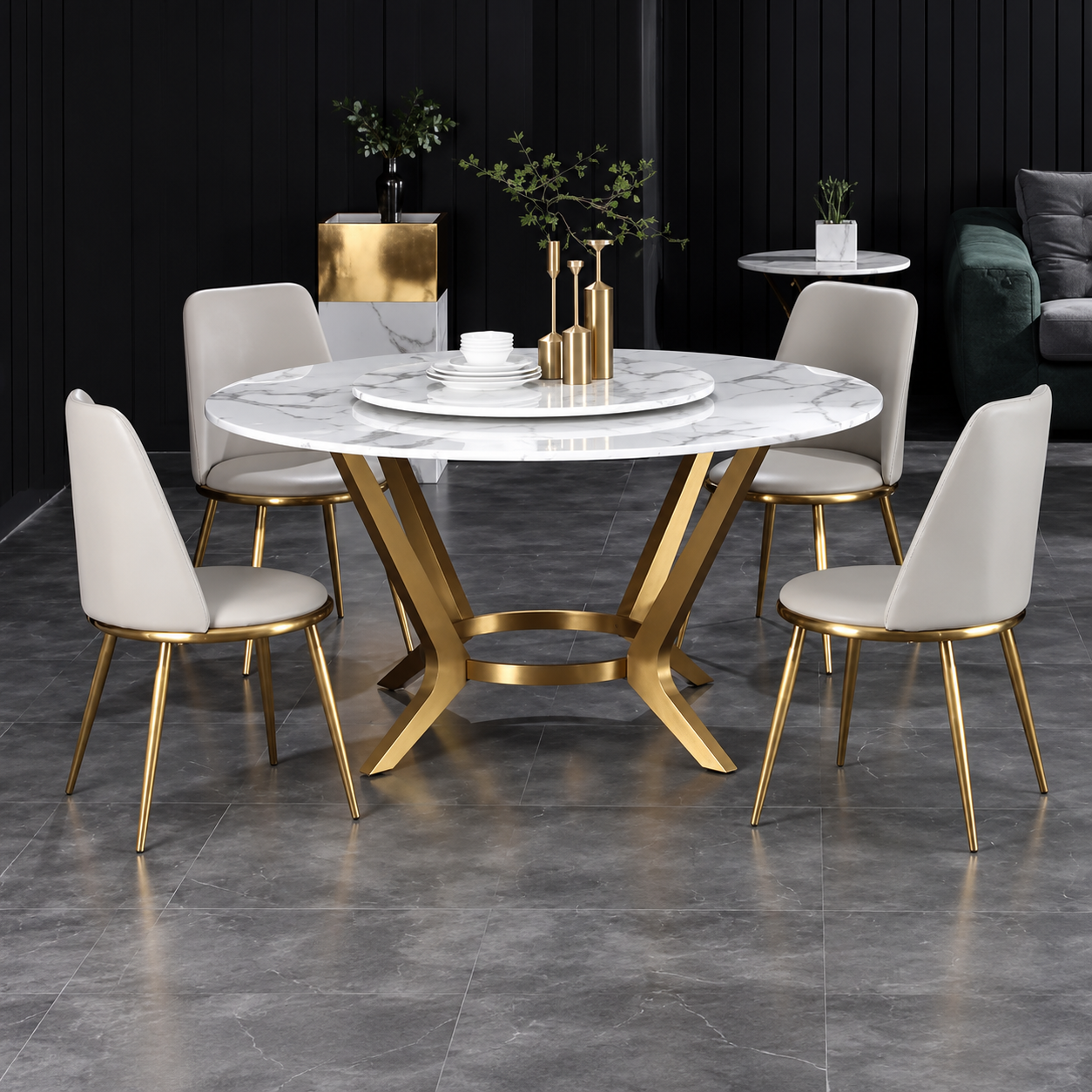 Contemporary Golden Base marble round dining table with a rotating top