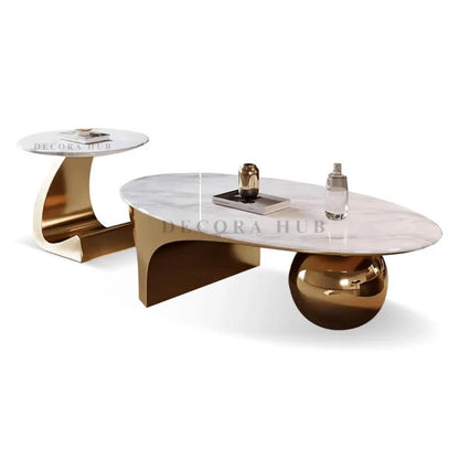 Infinity Centre Table With Marble Top – marble top on golden base centre table by DecoraHub, view 3
