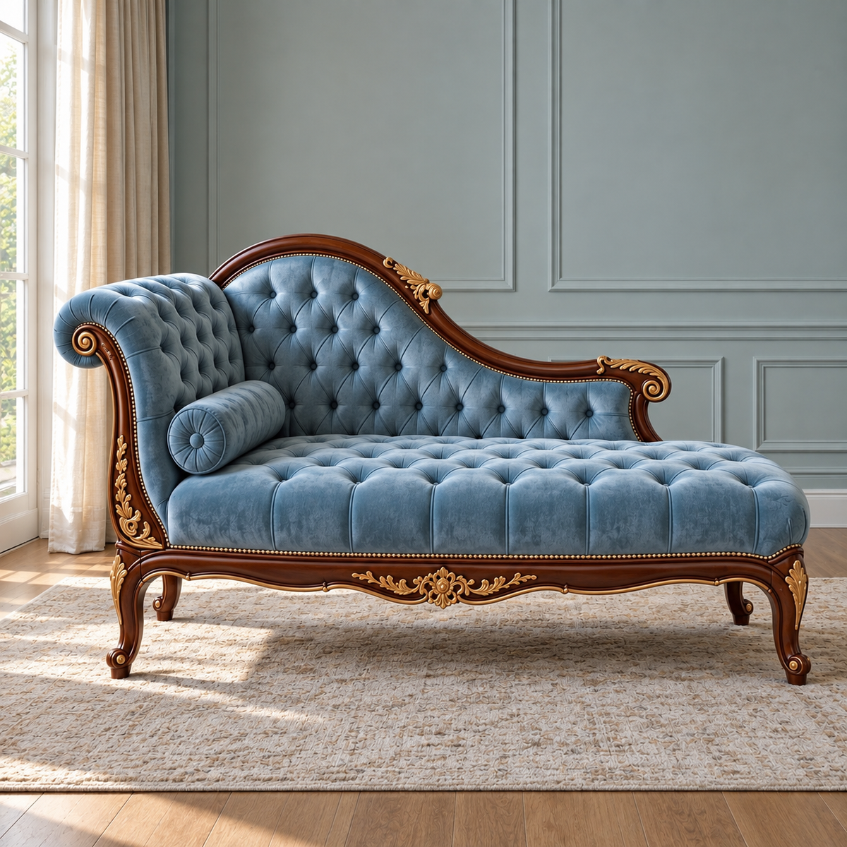 An ornate chaise lounge with a tufted light blue velvet seat and backrest, set in a styled room with a beige rug, light wood floor, and pale blue paneled wall.