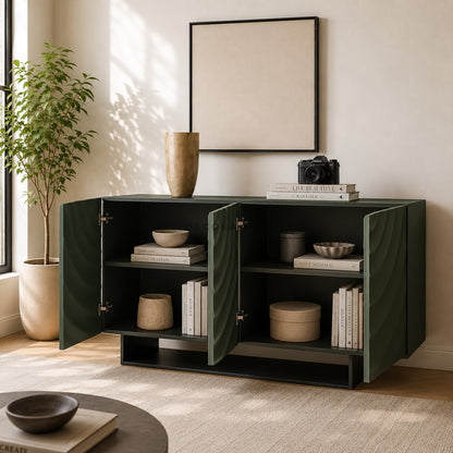 Modern interior with a dark green cabinet, books, and decorative items in a well-lit room.