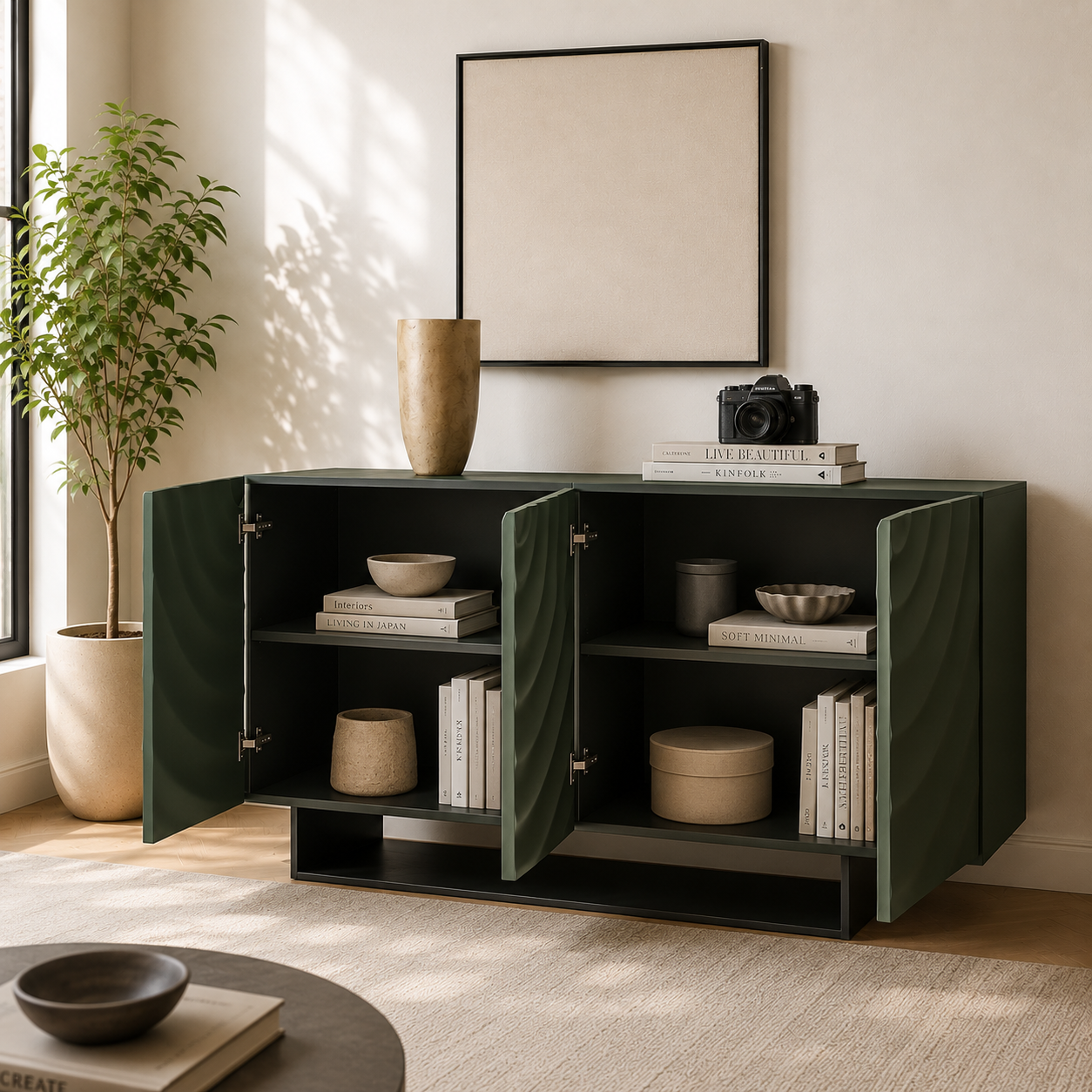 Modern interior with a dark green cabinet, books, and decorative items in a well-lit room.
