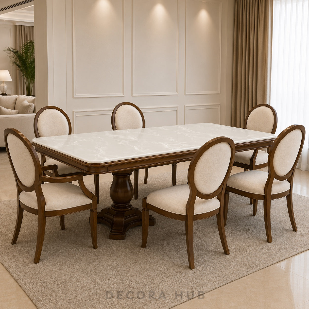 A 6-piece dining set featuring a rectangular table with a white marble-look top and a dark brown wooden pedestal base, surrounded by six matching chairs with cream upholstered seats and backs and dark brown wooden frames, set on a beige rug in a modern dining room.