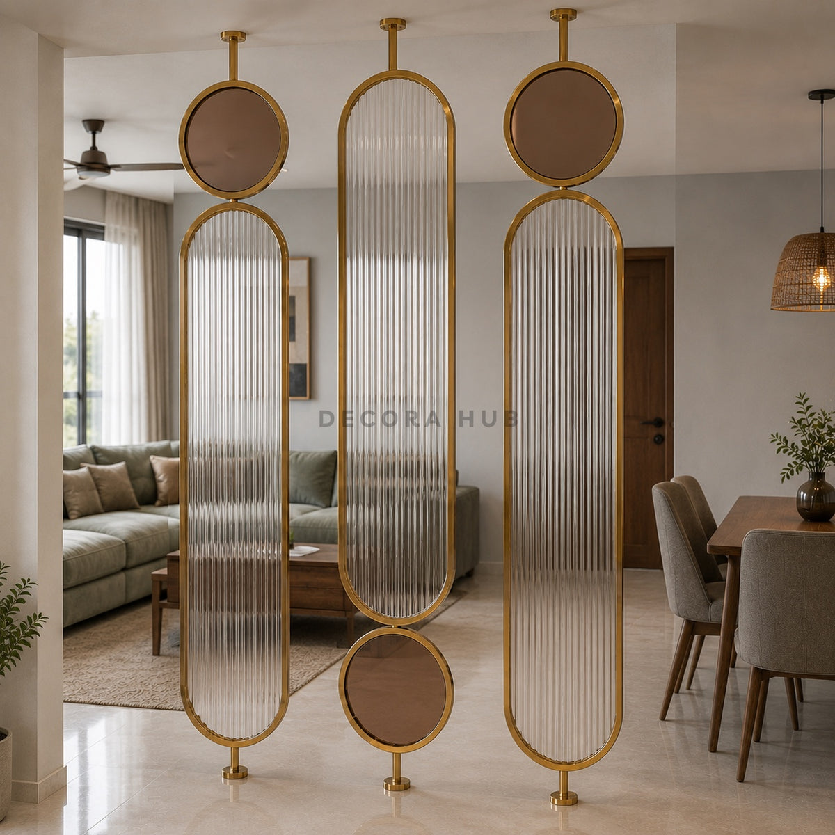 Golden Fluted Metal Partition for Living and Dining Room