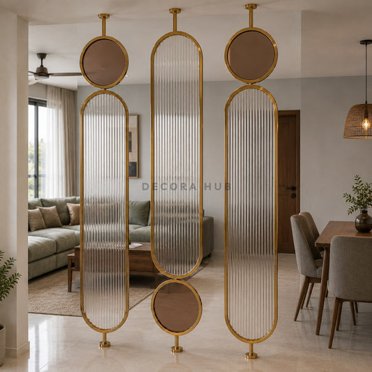 Golden Fluted Metal Partition for Living and Dining Room