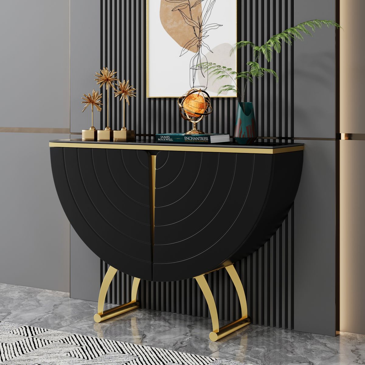 DecoraHub Black Half-Moon Gold Marble Console Table