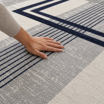 Arctic Grid Beige & Teal Geometric Carpet for Living Room – beige, ivory and teal geometric area carpet by DecoraHub (view 2)