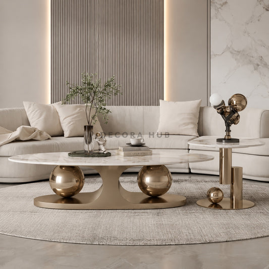 Decorahub Double Ball Copper Gold Marble Coffee Table