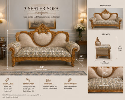 Decorative 3-seater sofa with measurements and views on a neutral background
