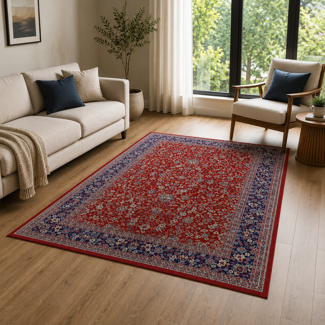 A rectangular traditional-style area rug with a red floral field and blue border, shown on a light wood floor in a styled living room with a sofa, chair, and large windows.