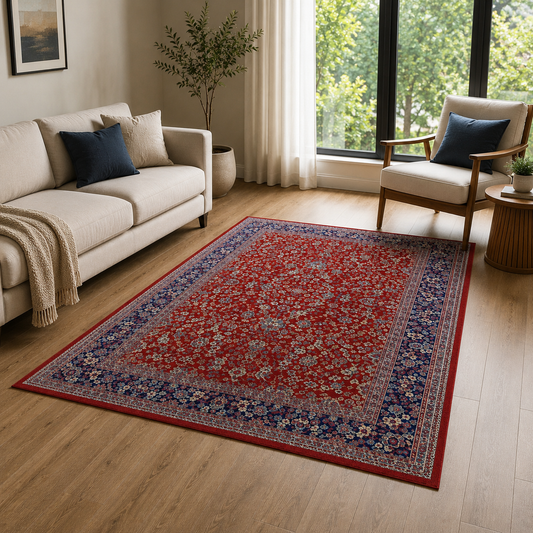 A rectangular traditional-style area rug with a red floral field and blue border, shown on a light wood floor in a styled living room with a sofa, chair, and large windows.