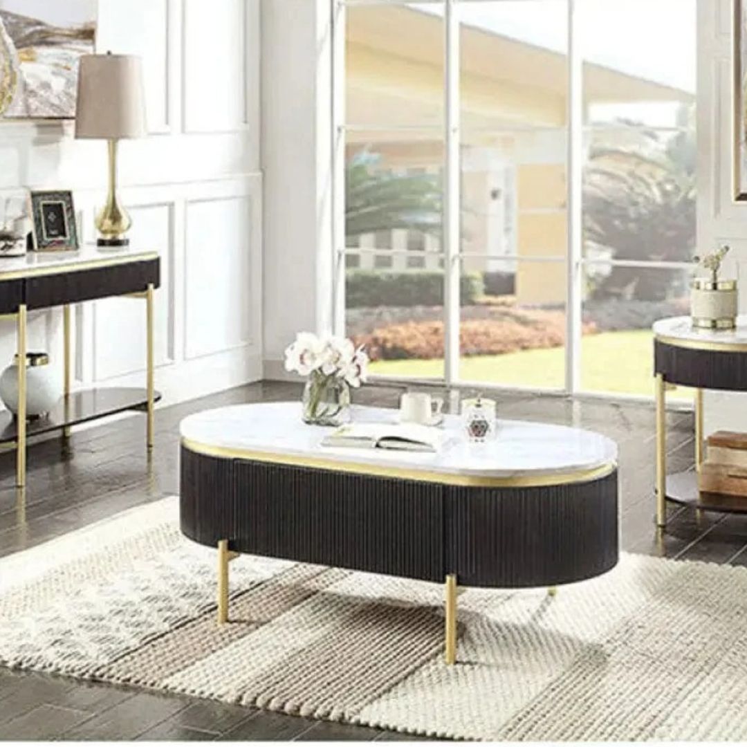 Designer Living Room Center Table – 15mm Marble Top with Integrated Storage Drawer