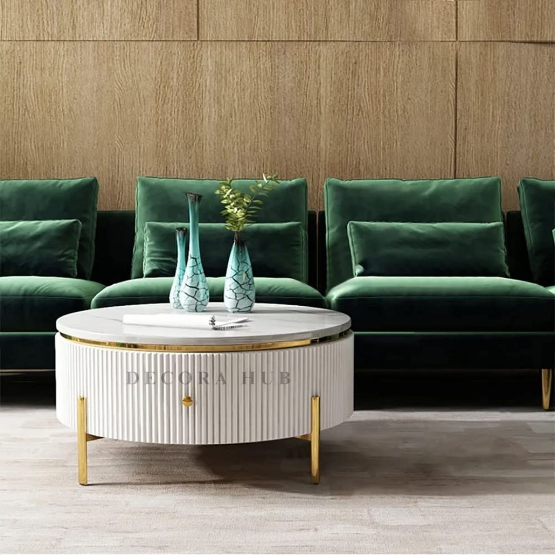 Designer Round Storage Ottoman Table with Marble Top