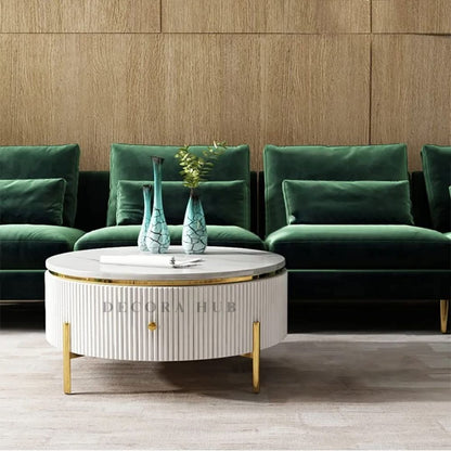 Designer Round Storage Ottoman Table with Marble Top