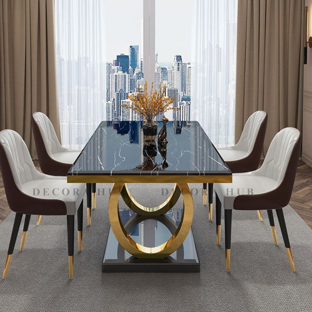 Designer black base dining table with marble top