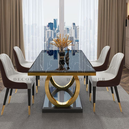 Designer black base dining table with marble top